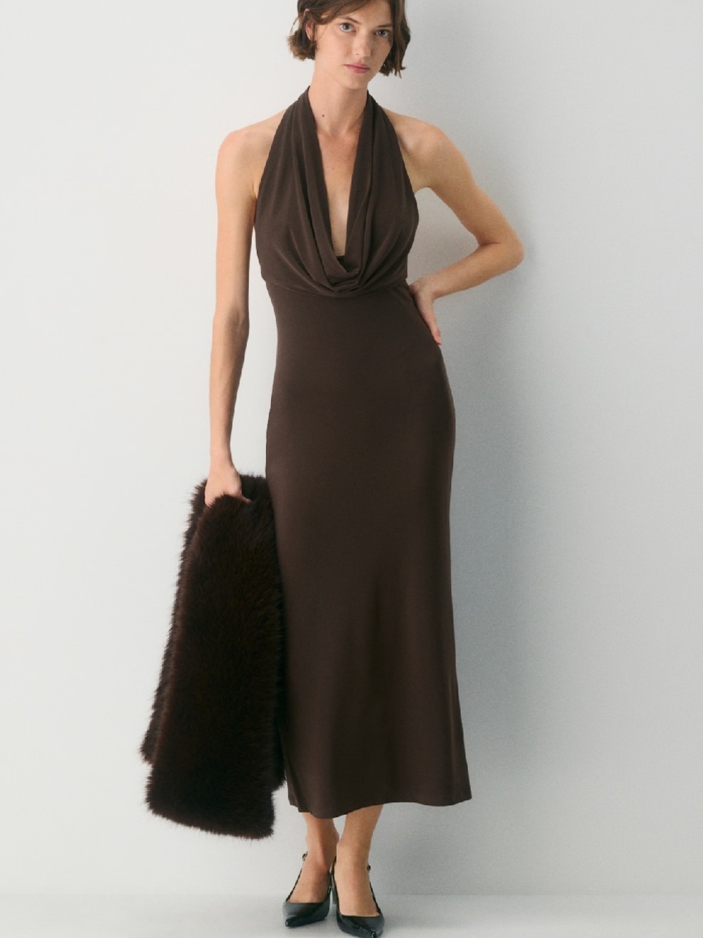 Aritzia Brown Backless Halter Cowl Neck Dress - Picture 3 of 3